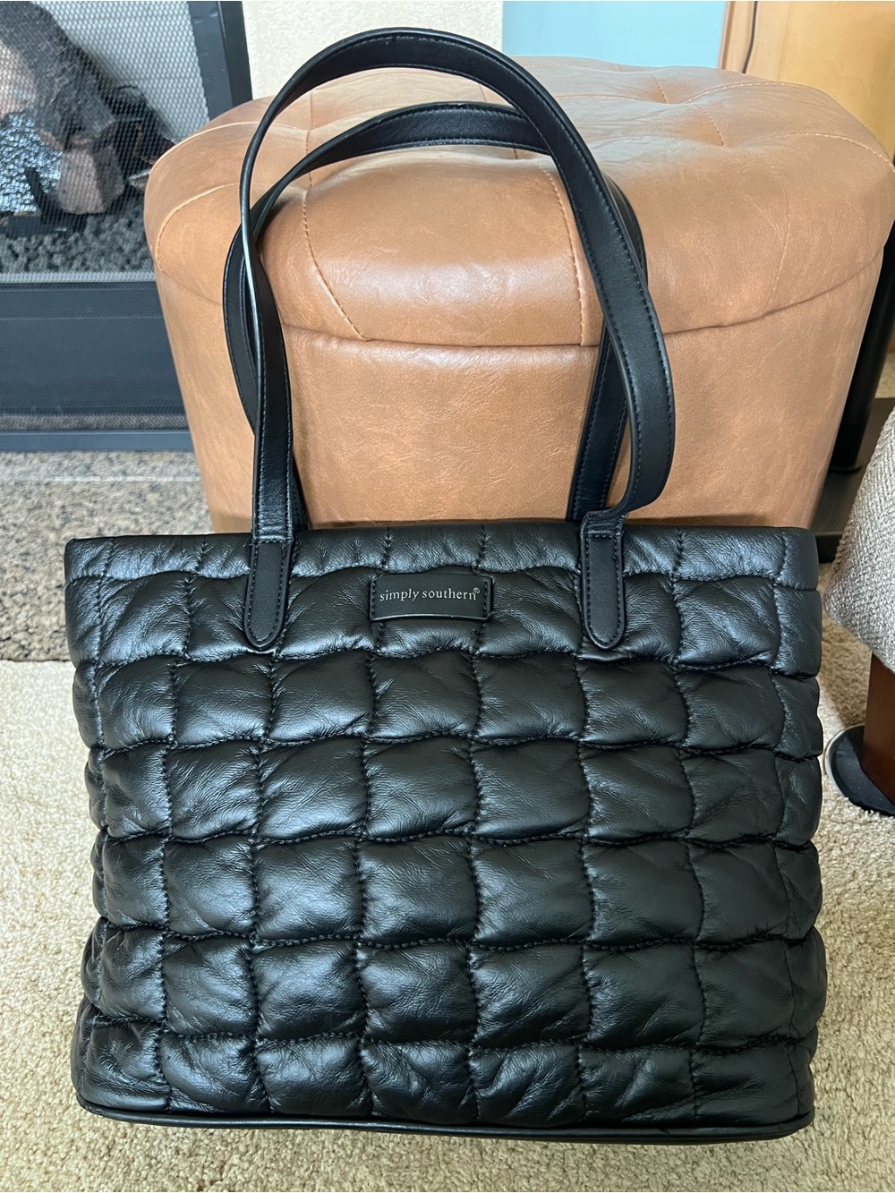 Simply Southern Black Quilted Puffer Tote with Double Handles